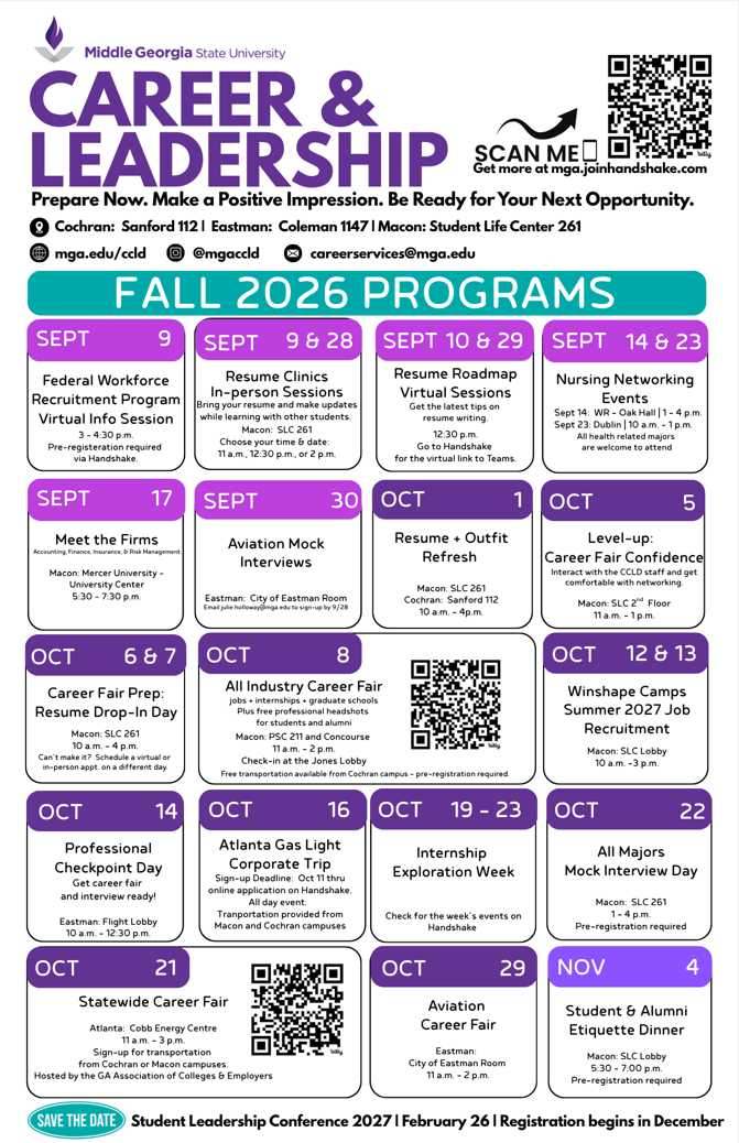 Flyer of events for MGA’s Center for Career and Leadership Development from September to November 2026.